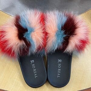Women's Multicolor Fox Fur Slide Slippers - Pink/Red/Blue